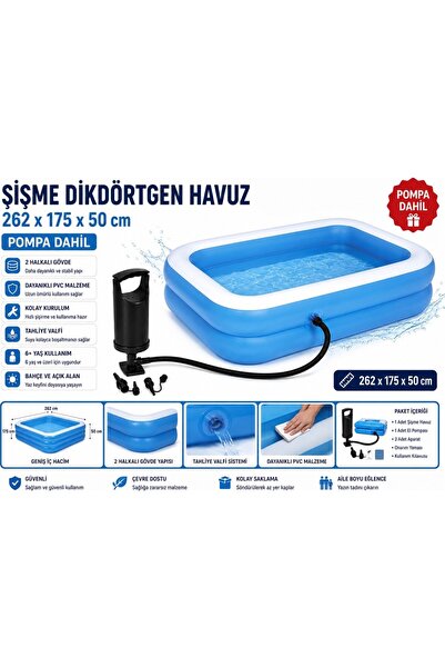 hak-iş oyuncak Şişme Dikdörtgen Havuz 262 x 175 x 50 cm Mavi Bahçe Havuzu + E...