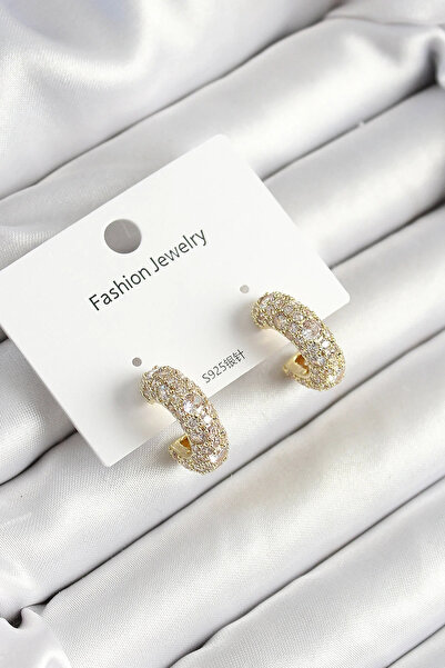 USLUCAN ALIŞVERİŞ Brass Zircon Stone Hoop Model Gold Color Women's Earrings