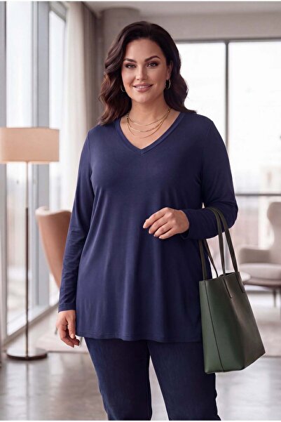 RMG Plus Size V-Neck Long Sleeve T-Shirt with Side Slits Navy Blue