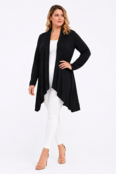 Şans Women's Plus Size Black, Crinkle Fabric Viscose Cardigan 65N39562