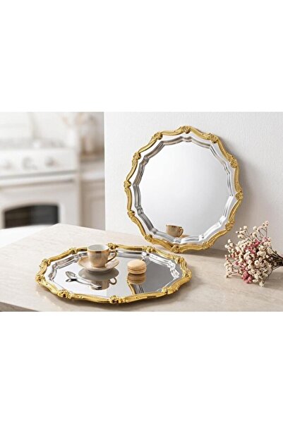 MAHUR HOME ÇELİK YUVARLAK DALGALI 2'Lİ GOLD ÇERÇEVELİ KAHVE SUNUM TEPSİSİ