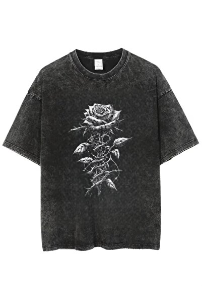 Toum Gothic Rose Printed Washable Vintage Unisex Oversize T-Shirt