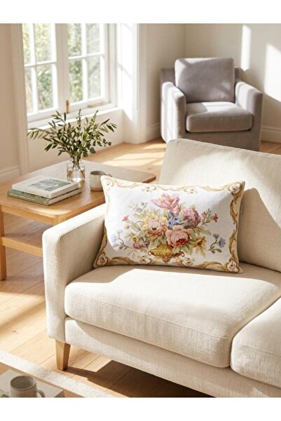 Believe Asilay Flowery Beige Jacquard Woven Tapenstry Decorative Kirlent 30*45