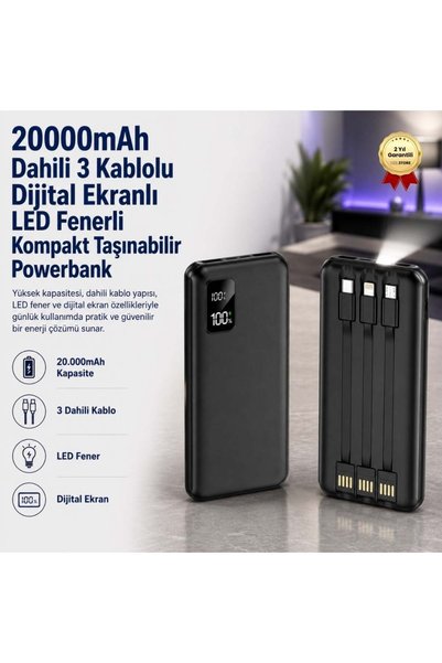 hızlı store Powerbank 20000mAh Dahili 3 Kablolu Dijital Ekranlı LED Fenerli K...