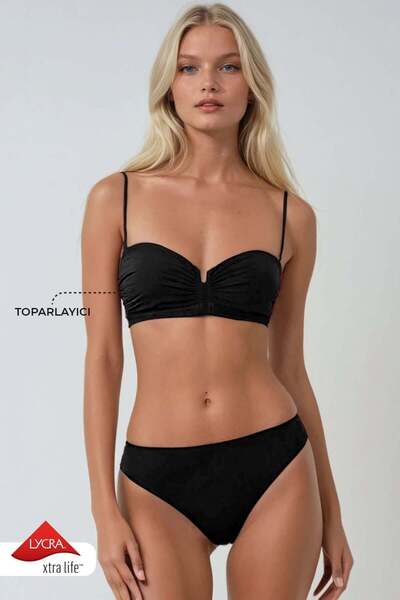 Kom Delma Düz Renk Stparlez Bikini Takımı Siyah