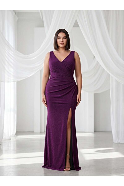 LİRENZA ABİYE Likralı Esnek Kumaş Göğüs Drapeli Yırtmaçlı Büyük Beden Abiye E...