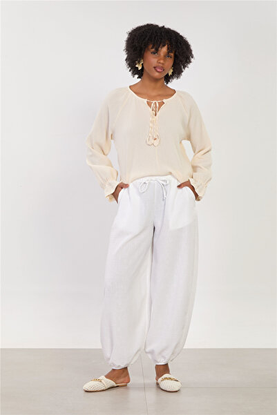 BARRELS AND OIL Women's Elastic Waist Drawstring Shalwar Trousers - Ecru