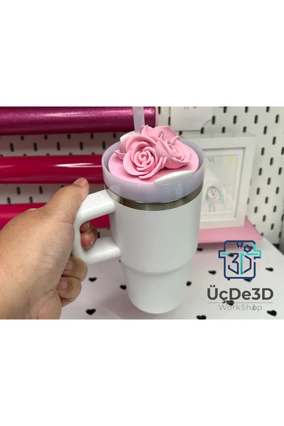 ÜçDe3D Quencher Termos Kapak Süsü - 3D Gül Tasarımlı Dekoratif Aksesuar - Mug...