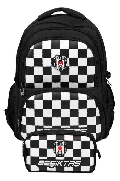Beşiktaş Set ghiozdan și husă pentru creion negru - alb (imprimeu în carouri)...