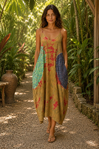 Miss Boheme Khaki Color Batik Patterned Strap Dress