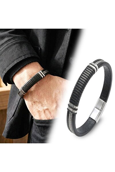 OGHAMAY Black Leather and 316L Steel Men's Bracelet 18394B19D2