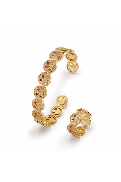 Nevara 2Pcs/Set Gold Color Smiling Face Design Pink Zircon Inlaid Bracelet & ...