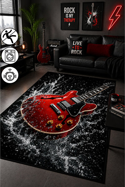 blcmoda Kırmızı Elektro Gitar Desenli Dijital Baskılı Kaymaz Taban Yıkanabili...