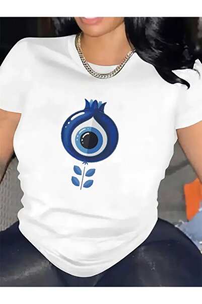 1001 Line تي شيرت خفيف الوزن ومتين بأكمام قصيرة يتميز بتصميم العين الزرقاء، م...