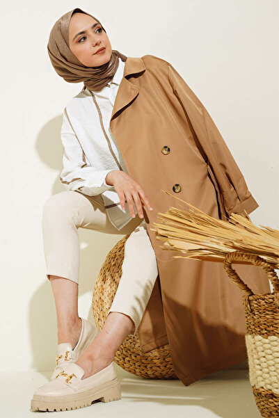 Merterium Women's Double-Breasted Collar Hijab Trench Coat Brown 1210