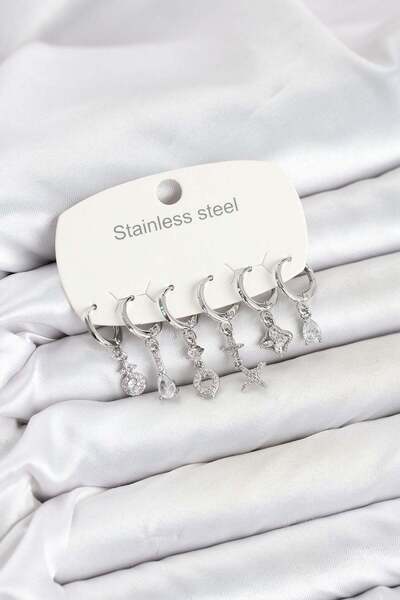 Inure Jewelry 316L Steel Silver Color Zircon Stone Clover Model Women's Earri...