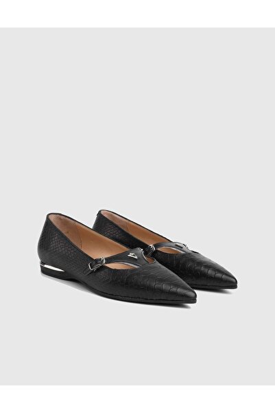 İLVİ Liss Genuine Printed Leather Women's Black Ballerinas