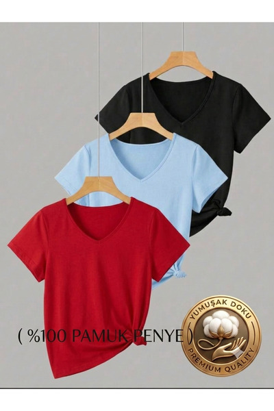 FAVORİST 3 Pieces V-Neck Regular Fit Women's T-Shirt (100% Cotton)