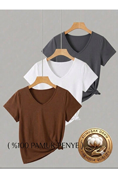 FAVORİST 3 Pieces V-Neck Regular Fit Women's T-Shirt (100% Cotton)