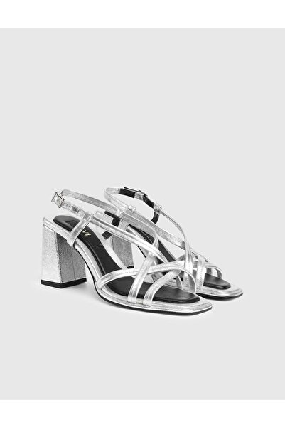 İLVİ Trinny Genuine Leather Women's Silver Color Heeled Sandals