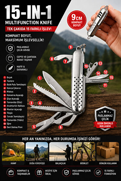 Binbirreyon 15 Fonksiyonlu Kamp Bıçağı Paslanmaz Çelik 9cm RA999