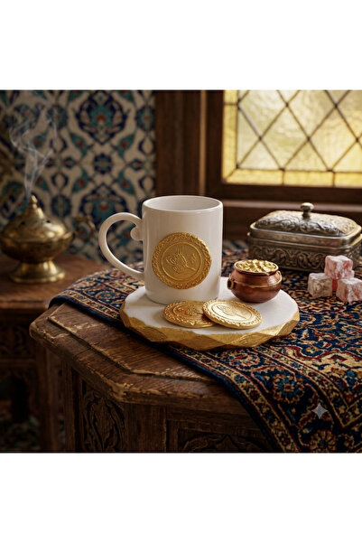Ahşap Evi Gold Tuğra Detailed Coffee Cup Set Design Gift