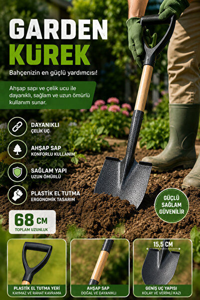 Binbirreyon Ahşap Kısa Saplı Bahçe Küreği Kamp Küreği 68cm Çelik Gövde AB104