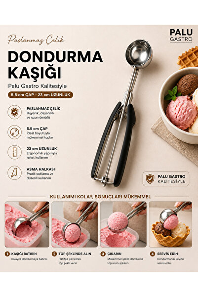 PALU GASTRO Black Handle Stainless Steel Ice Cream Spoon - 23 cm (5.5 cm Diam...