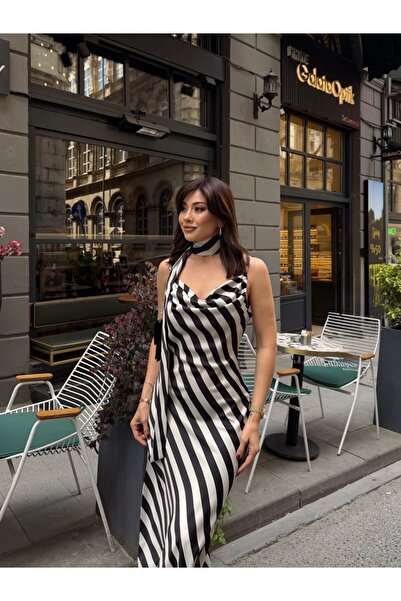 Butik Fularlı Çizgili Saten Elbise