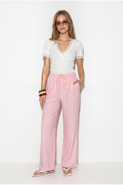 Bianco Lucci Women's Ayrobin Fabric Elastic Waist Tied Pocketed Wide Leg Pant...