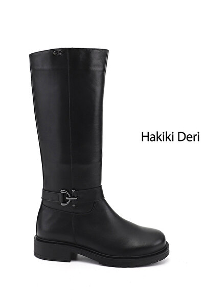 GÖNDERİ(R) Women's Black Zippered Thick Heeled Genuine Leather Boots
