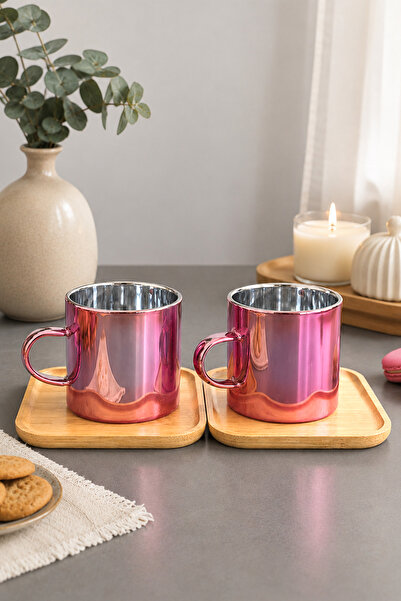Kitchen Life 4 Piece 2-Person Metallic Pink Glass Coffee Cup Set with Bamboo ...