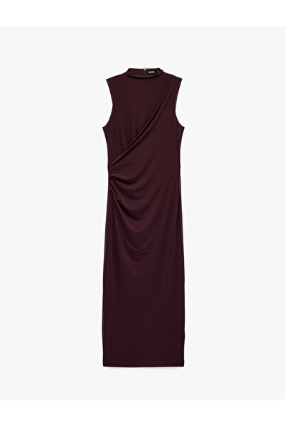 Koton Crepe Scuba Fabric Slit Detailed High Neck Flowy Sleeveless Midi Dress