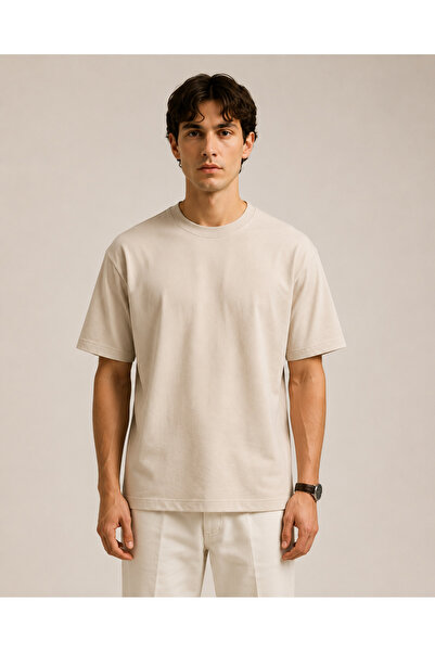 EHİNOS Erkek Oversize Fit Pamuklu Bisiklet Yakalı Bej T-Shirt