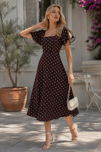 URİS Women's Brown Flounce Polka Dot Stylish Midi Dress