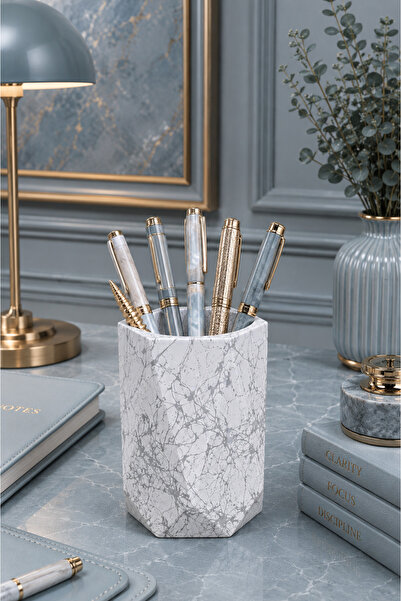betonmall Silver Patterned Concrete Decorative Pen Holder – Stylish Modern De...