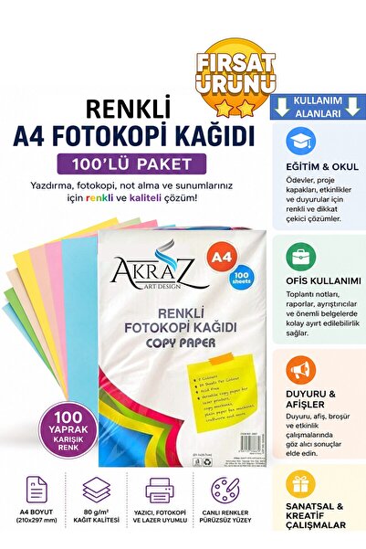 Akraz Art Design RENKLİ FOTOKOPİ KAĞIDI A4 100 LÜ PAKET KARIŞIK RENK