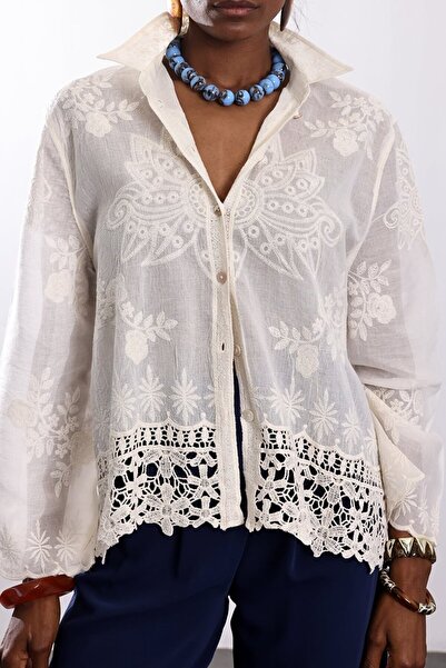 Suziş 100% Cotton Beige Stone Embroidered Long Sleeve Shirt M38571