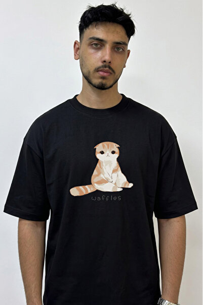 Anetos Waffles Scottish Fold Design Printed Oversize Black T-Shirt