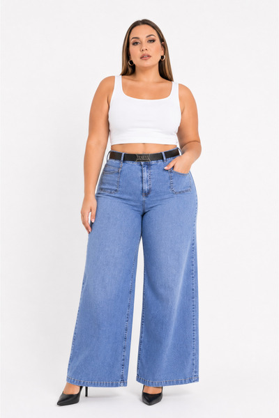 ZANESSİ FASHION Plus Size Denim High Waist Belted Front Pocket Detailed Wide ...