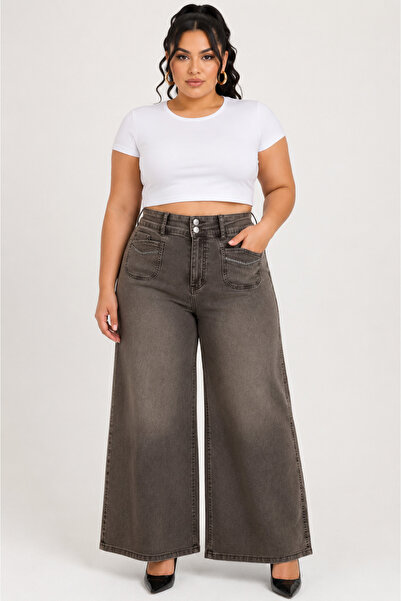 ZANESSİ FASHION Plus Size Denim High Waist Women's Pants with Stone Detail on...