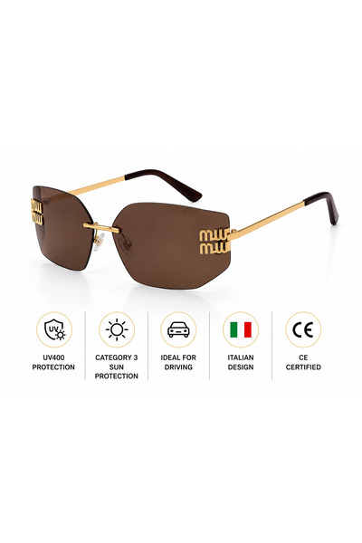 Miu Ochelari de Soare model Muse Brown – Damă UV400, Ramă Fără Contur Aurie, ...