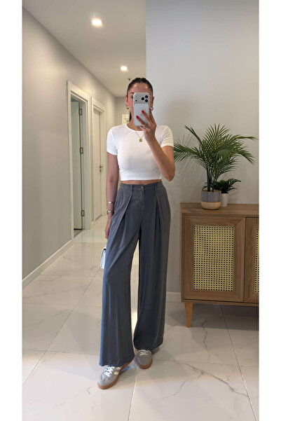 BİRCANÇİL Freda antracit plisirane tencel pantalone