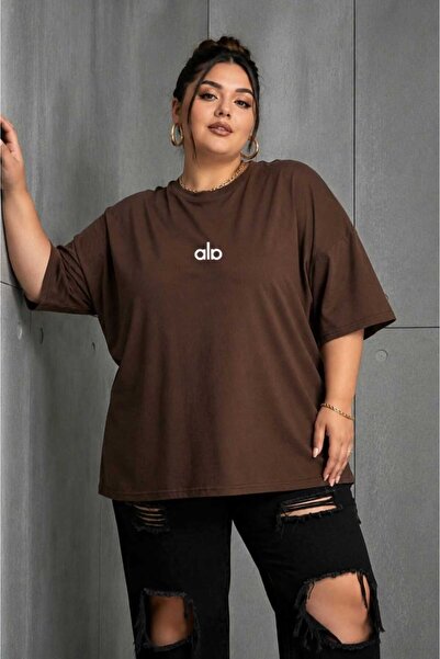 ZAVIXO Kadın Oversize Basic Minimal Logo Baskılı Tişört Bisiklet Yaka Salaş G...