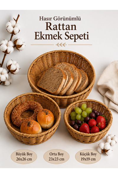 NUHA 3’lü Rattan ekmek sepeti&Mutfak düzenleyici-meyvelik-organizer