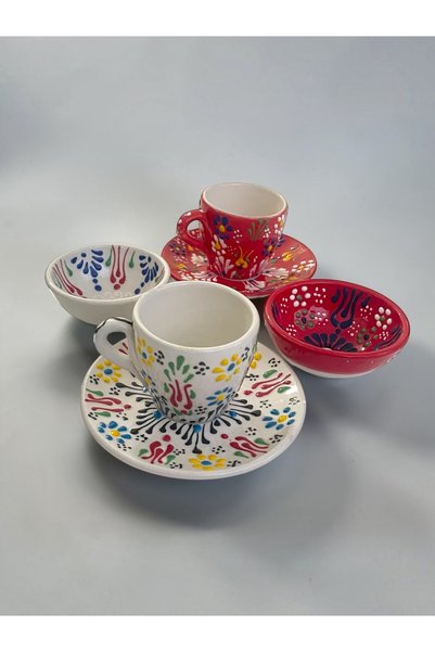 Artistic Quality Decorative 2-Person Tulip Design Fully Handmade Coffee Cup Set and Snack Bowl-Sauce Bowl