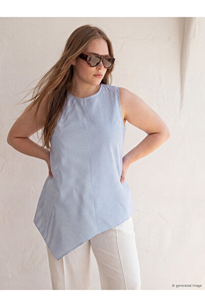 LC Waikiki Peak New Season Crew Neck Striped Asymmetrical Cut Blouse