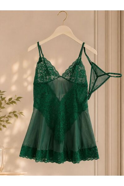 Liora Luna Emerald Büyük Beden Dantel Gecelik Takımı Zümrüt Yeşili Tül Babydoll