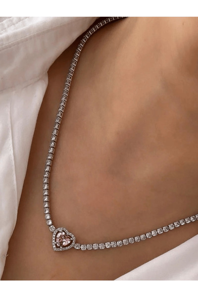 AngelsAccessories Κολιέ με Στρας διακοσμημένο με ροζ καρδιά