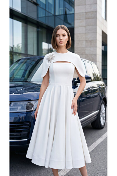 ZEYNEPYILMAZMODA Kırık beyaz krep kumaş nikah, söz elbisesi